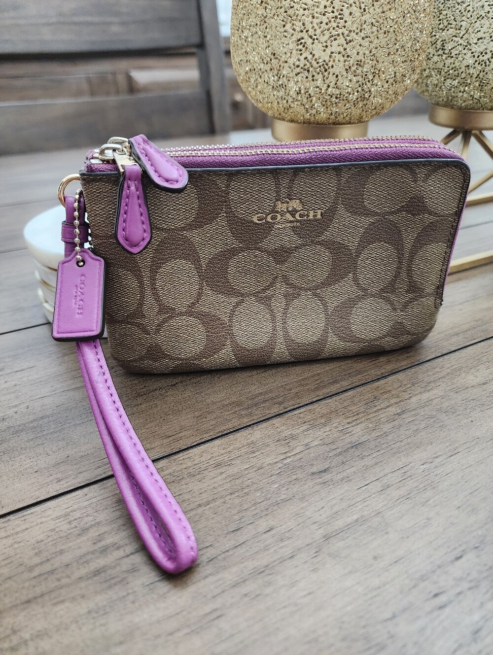 Coach Signature Canvas Wristlet in Brown with Pink Trim